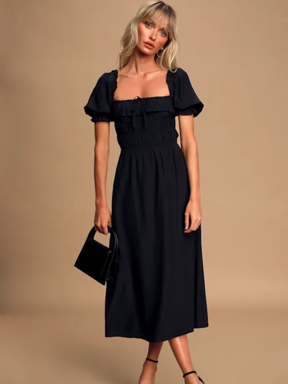 Lulus Nahanni Black Puff Sleeve Smocked Midi Dress